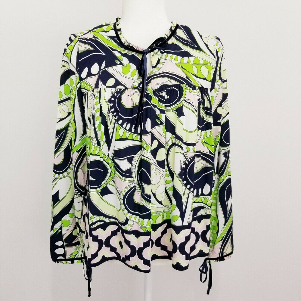 Crown & Ivy XS Blouse Blue Green Ikat Lattice